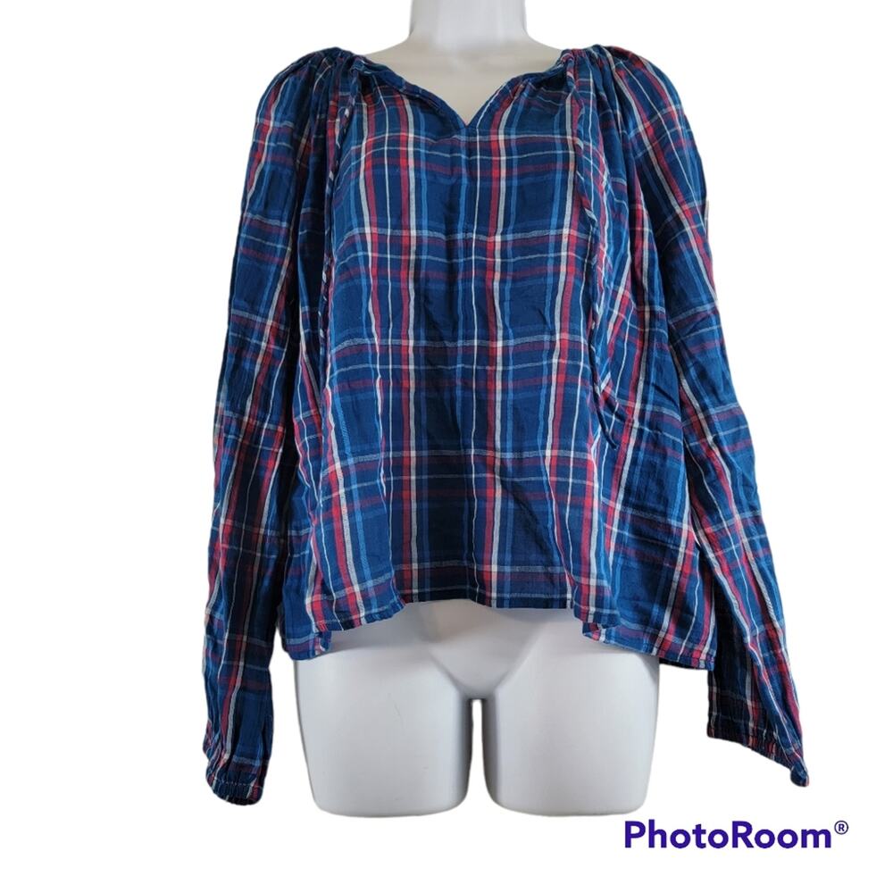 Gap Blue Red White Long Sleeve Plaid Boho Front Tie Blouse Size Medium NWT